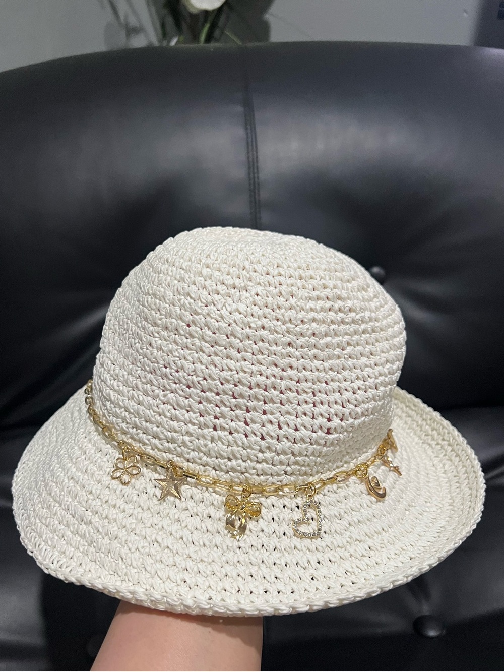 Woven Sun Hat with Gold Charm Chain Trim